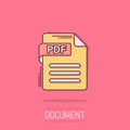 Pdf icon in comic style. Document text vector cartoon illustration on isolated background. Archive splash effect business concept Royalty Free Stock Photo