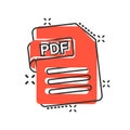 Pdf icon in comic style. Document text vector cartoon illustration on white isolated background. Archive splash effect business Royalty Free Stock Photo