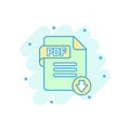 Pdf icon in comic style. Document text vector cartoon illustration on white isolated background. Archive splash effect business