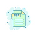 Pdf icon in comic style. Document text vector cartoon illustration on white isolated background. Archive splash effect business Royalty Free Stock Photo