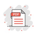 Pdf icon in comic style. Document text vector cartoon illustration on white isolated background. Archive splash effect business Royalty Free Stock Photo