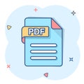 Pdf icon in comic style. Document text vector cartoon illustration on white isolated background. Archive splash effect business Royalty Free Stock Photo