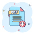 Pdf icon in comic style. Document text vector cartoon illustration on white isolated background. Archive splash effect business Royalty Free Stock Photo