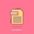 Pdf icon in comic style. Document text vector cartoon illustration on white isolated background. Archive splash effect business Royalty Free Stock Photo