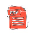 Pdf icon in comic style. Document text vector cartoon illustration on white isolated background. Archive splash effect business Royalty Free Stock Photo