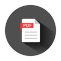 Pdf icon in flat style. Document text vector illustration on black round background with long shadow. Archive business concept Royalty Free Stock Photo