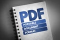 PDF - Portable Document Format acronym on notepad, technology concept background Royalty Free Stock Photo