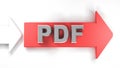 PDF red arrow to the right, with metallic chrome write - 3D rendering illustration