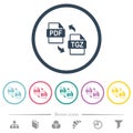 PDF TGZ file compression flat color icons in round outlines