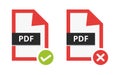 Vector set of correct approved and incorrect disapproved pdf file. Flat icon with green check sign and red cancel sign Ã¢â¬â error.