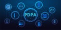 PDPA personal data protection act concept in futuristic glowing low polygonal style on dark blue