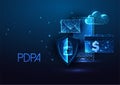 PDPA personal data protection act concept with phone, shield, credit card, mail on dark blue