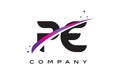 PE P E Black Letter Logo Design with Purple Magenta Swoosh