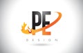 PE P E Letter Logo with Fire Flames Design and Orange Swoosh.