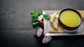 Pea and corn puree soup. On a wooden background. Royalty Free Stock Photo