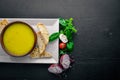 Pea and corn puree soup. Royalty Free Stock Photo