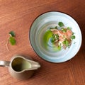Pea gaspacho with ham and herbs Royalty Free Stock Photo