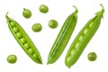 Pea isolated. Set of green fresh raw peas open pod with beans isolated on white background