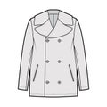 Pea overcoat technical fashion illustration with double breasted, fingertip length, Stand up collar, jetted pockets