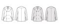 Pea overcoat technical fashion illustration with double breasted, fingertip length, Stand up collar, jetted pockets