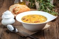 Pea soup with bacon and sausage. Royalty Free Stock Photo