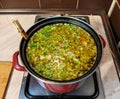 Pea soup, boiled in a brown pot Royalty Free Stock Photo