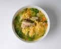 Pea soup with meat in a white bowl Royalty Free Stock Photo