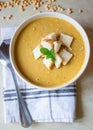 Pea soup in a white plate with crackers. lunch. Royalty Free Stock Photo