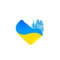 Ukrainian flag in shape of heart. Silhouettes of the Carpathian mountains. Concept of peace for Ukraine.