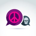 Peace against war icon with death skull, vector conceptual unusual symbol for your design.