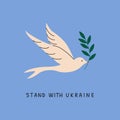 Peace bird olive branch. Abstract hand drawn card Support Ukraine, stop war, freedom love icon. Vector illustration