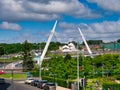 The Peace Bridge across the River Foyle in Derry - Londonderry in Northern Ireland, UK.