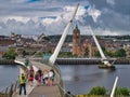 The Peace Bridge across the River Foyle in Derry - Londonderry in Northern Ireland, UK.