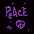 Peace. Bright color doodle typographic inscription in grunge style on black background. Illustrated text for poster