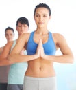 Peace, calm meditation and woman with zen and yoga exercise outdoor with a pilates instructor. Spiritual, namaste and