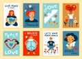 Peace cards. Cartoon people with love and hippie symbols. Peaceful men or women in balance. Flying bird, flowers and Royalty Free Stock Photo