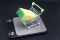 a peace of cheese in toy shopping cart onblack background. Royalty Free Stock Photo