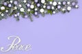 Peace at Christmas Background with Snow Fir and Tree Decorations