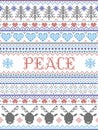 Peace Christmas  pattern with Scandinavian Nordic festive winter pastern in cross stitch with heart, snowflakes, Christmas Royalty Free Stock Photo