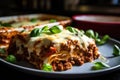 Peace of classic homemade italian lasagna with bolognese sauce and basil just out of the oven Royalty Free Stock Photo