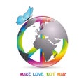 Peace colorful symbol with butterfly and earth make love not war Royalty Free Stock Photo