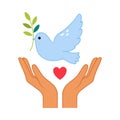 Peace with Cupped Human Hands and Flying Pigeon as Symbol of Friendship and Harmony Vector Illustration