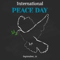 Peace Day background with dove on blackboard in cartoon style. Vector illustration for you design, card, banner, poster Royalty Free Stock Photo