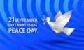 Peace Day banner with white origami dove. Polygonal pigeon with branch symbol on blue striped background.