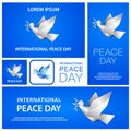 Peace Day banners template set with white origami dove. Polygonal pigeon with branch symbol on blue background.