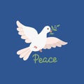 Peace day design with flying white dove with green olive twig in its beak. Vector flat illustration on dark blue background Royalty Free Stock Photo