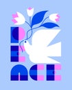 Retro lettering and flying peace dove holding flower bouquet