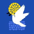 Peace day greeting card with flying dove holding olive branch