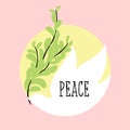 Peace day greeting card with flying dove holding olive branch