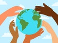 Peace day. International earth protection, hands of different people holding globe. Peaceful planet, hope and friendship